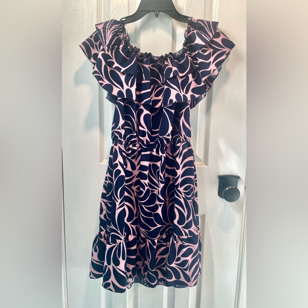 Cute Girls Ruffle Neck Floral Print Dress In Blue And Pink
